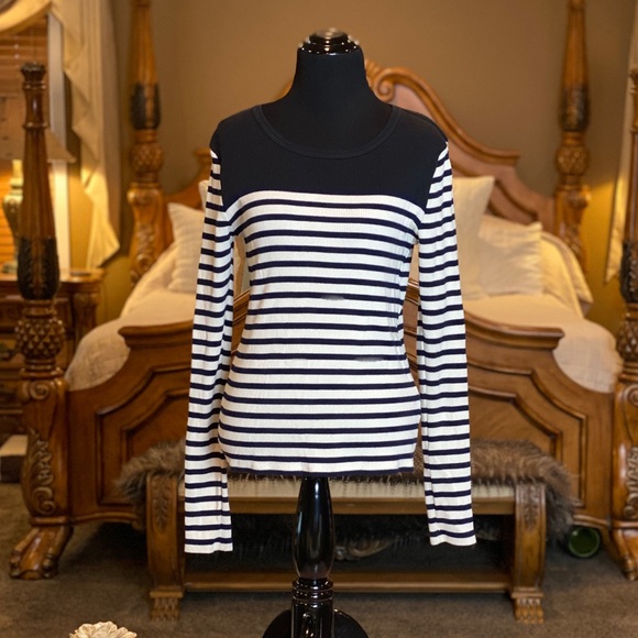 J. Crew Tops - J Crew Striped Ribbed Black & Off White Top Sz Med
